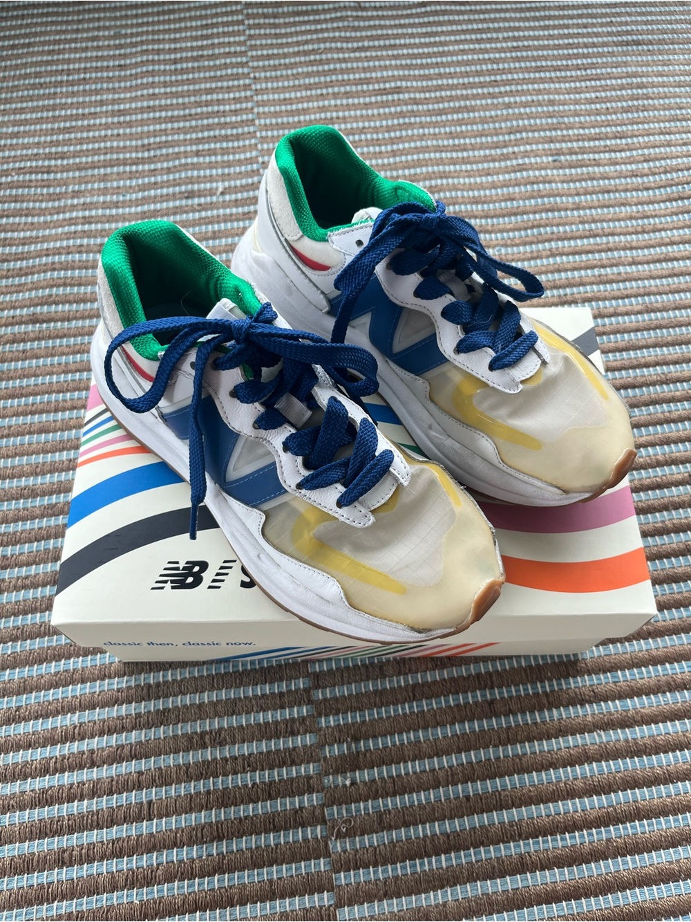 New Balance Kids White Sneakers with Blue and Green Accents - Picture 2 of 5